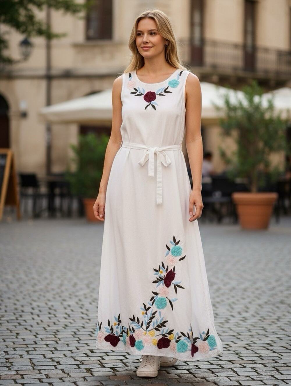 Original Anthony White Floral Embroidered Woven pockets Maxi Dress M A16